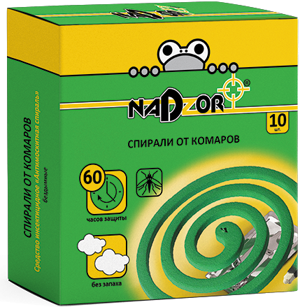 Спирали от комаров малодымные без запаха зеленые 10штук в упаковке Nadzor